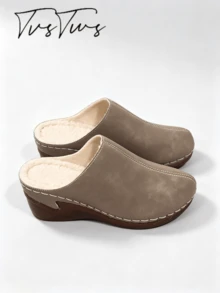 Solid Color Matte Leather Contrast Stitching Thermal Lined Mule Shoes For Women, Wedge Heel Round Toe Closed Toe Slippers, Comfortable Warm Casual Outdoor Thermal Slippers - Khaki - View 4