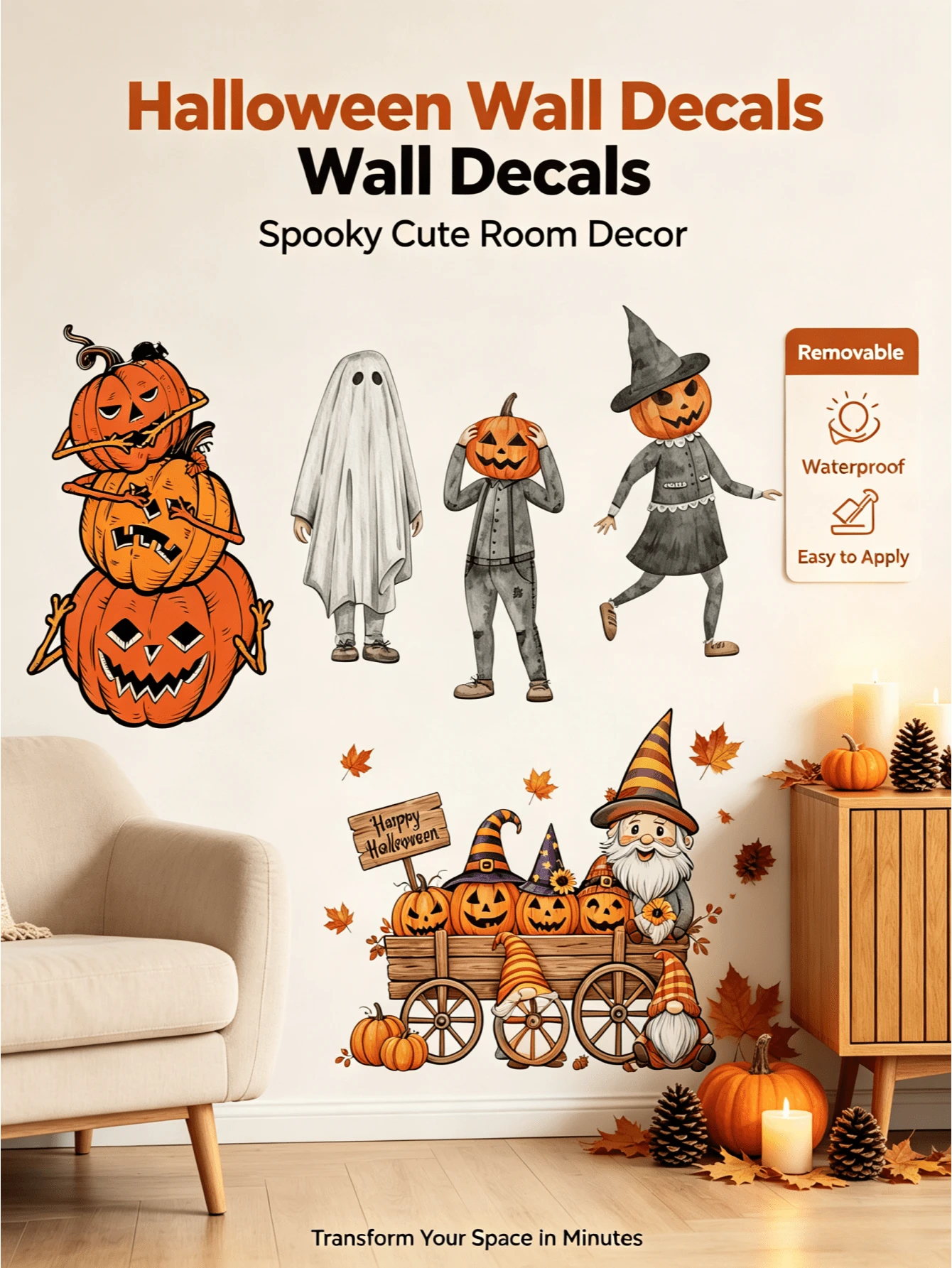 Halloween Funny Pumpkin Ghost Goblin Wall Sticker Set, Retro Cartoon Patterns, Self-Adhesive And Removable, Living Room Window Party Atmosphere Decoration Decals - Wall Stickers - View 1