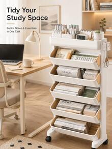 1pc Movable Classroom Desk Side Bookshelf, Wall Desk Book Combination Storage, Book Rack, Hanging Desk Side Trolley - White - View 1