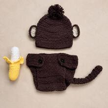 Newborn Photography Props Outfit, 3 PiecesHandmade Crochet Monkey Pants Set With Hat, Diaper Cover & Banana For Baby Photoshoots - Multicolor - View 8