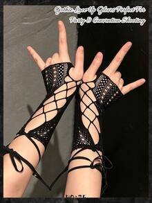 3/2/1 Stück/Paar/Set Damen Kreuz-Fischernetz fingerlose Ärmel, Aufbewahrungs-Geschenktüten Zubehör, Cut Out Handgelenksmanschetten, Gothic Halloween Cosplay Accessoire - Schwarz - Übersicht 5