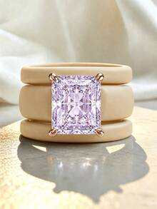 3PCS Khaki Silicone Ring Set, Purple Rectangular Zirconia Cut, Suitable For Daily Wear, Suitable For Girlfriends, Couples, Weddings, And Valentine's Day - Khaki Silicone - Purple Rectangular - View 3