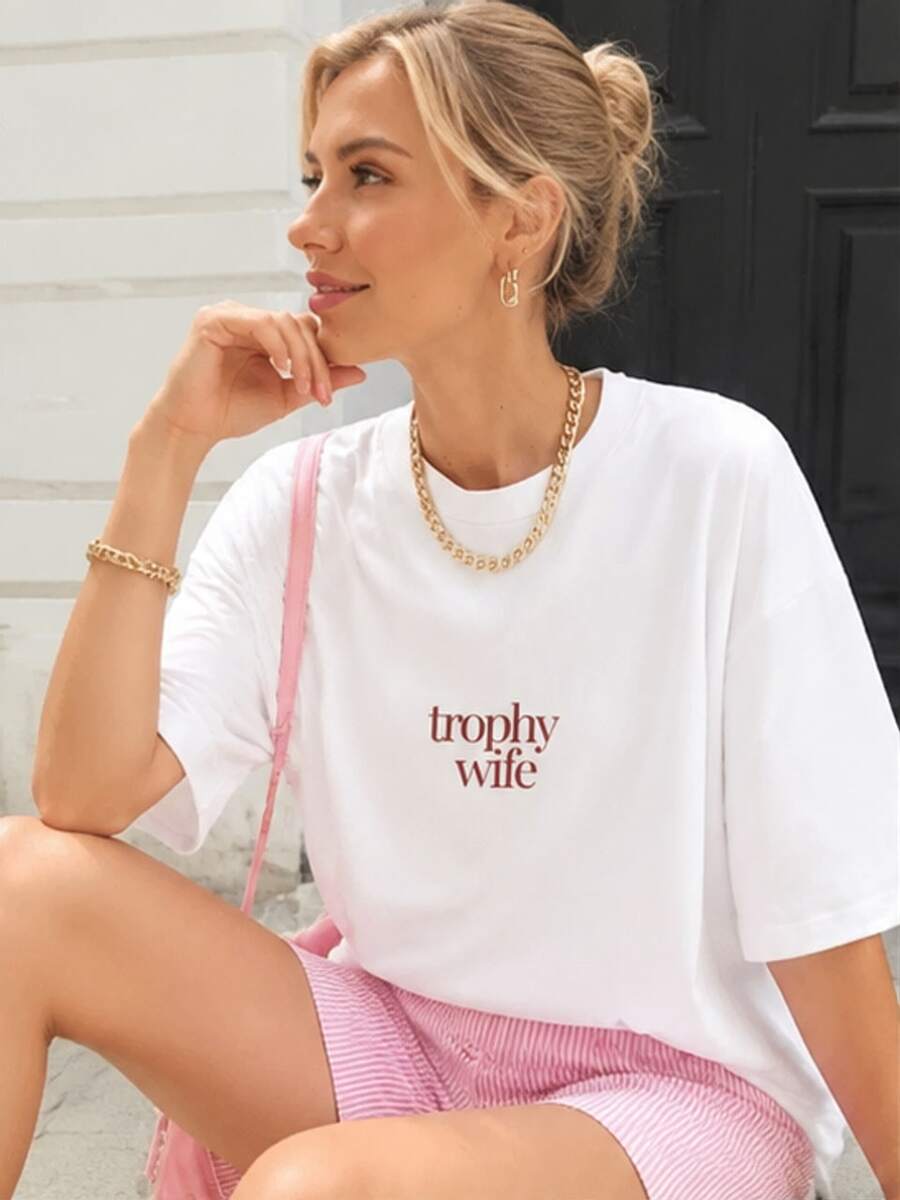 Minimalist Trophy Wife Print Tee, Unisex Tops, Old Money Aesthetic, Y2K Streetwear, Summer Outfit For Women, Elegant Off-Campus Vacation Shirt - White - View 1