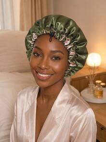 1pc Women's Elastic Solid Color Satin Sleep Cap - Army Green - View 2