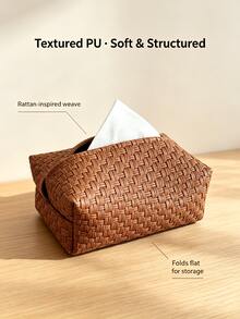 1pc Woven PU Leather Tissue Box Cover, Vintage Rattan Texture Rectangular Tissue Storage Box, Suitable For Coffee Table, Restaurant, Bathroom, Car, Warm Neutral Modern Home Decor, Brown - View 8