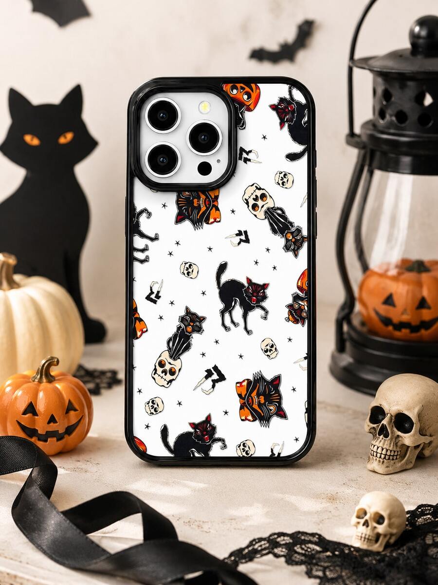 1pc American Retro Black Cat Skull Halloween Print Soft Shell Shockproof Phone Case, Rounded Corner Full Coverage, Precise Cutouts, Compatible With Iphone 18/17/17 Pro/17 Pro Max/16/15/15 Plus/15 Pro/15 Pro Max/14/13/12/11, Phone Cover, Phone Case, Phone Protective Shell, Fashion Phone Case, Anti-Drop Phone Case - Black - View 1