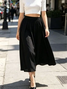 Women's Summer White Casual High Waist Elastic Waist Flowy Long Skirt, Elegant Style Suitable For Daily Commute, Office Wear And Vacation - Black - View 2