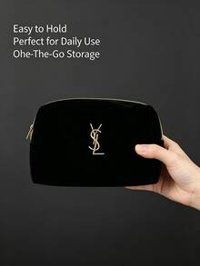 Yves Saint Laurent YSL Saint Laurent Black Velvet Embroidered Zipper Makeup Bag, Luxury High-End Cosmetic Storage Pouch - Black Velvet Embroidery - View 4