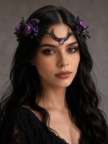 Dark Gothic Moon Floral Vine Fairy Headpiece, Mysterious, Vintage, Romantic Women's Hair Accessory, Exquisite Handmade, Suitable For Cosplay, Wedding, Halloween - Purple - View 4