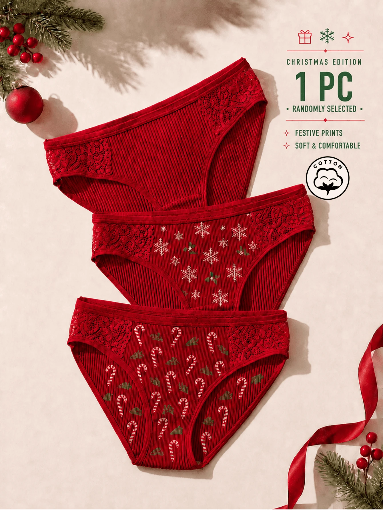 APRSEA 1PC Women's Christmas Print Ribbed Lace Trim Brief Panties, Random Style - Red - View 1