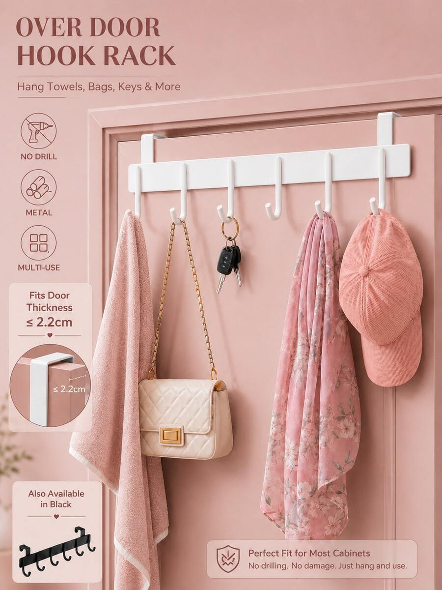 1pc Over-The-Door Hook Rack, Multi-Function Storage Hooks, 6 Hooks Over-The-Door Hook, For Hanging Clothes, Towels, Suitable For Bathroom, Kitchen Cabinet Doors, Max Thickness 2.2cm - Multicolor - View 1