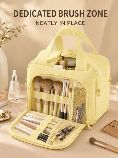 Large Capacity Women's Travel Makeup Bag, Multi-Compartment Cosmetic Organizer With Brush Slots, Portable Zipper Toiletry Bag, Skincare And Makeup Storage Box, Vacation Travel Essential