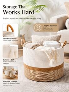 Multifunctional Large Cotton Rope Woven Storage Basket, Multi-Purpose Laundry Basket And Blanket Storage Box, Foldable Toy Storage Bin, Suitable For Living Room, Bedroom And Laundry Room, Decorative Pillow Basket, Clothing Storage Box, Home Storage Container - Multicolor - View 2