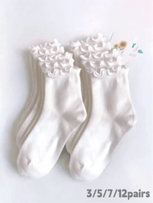 3/5/7/12 Pairs Women White Ruffle Frill Crew Socks, Striped Soft Breathable, Casual Daily For Loafer Mary Jane - White - View 1