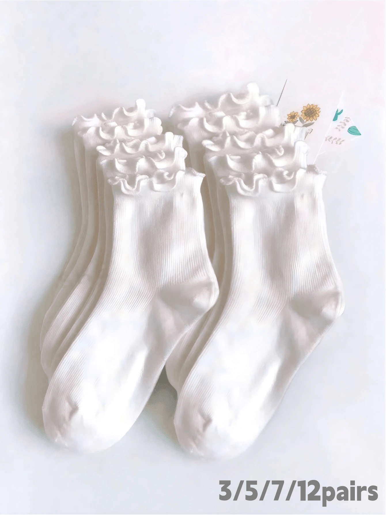 3/5/7/12 Pairs Women White Ruffle Frill Crew Socks, Striped Soft Breathable, Casual Daily For Loafer Mary Jane - White - View 1