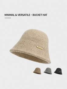 Topi Bucket Wanita Berbulu Lembut, Topi Bucket Warna Polos Hangat dan Lembut dengan Plakat Logam, Aksesori Kasual Sehari-hari - topi - View 5
