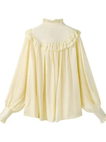 Elegant French-Style Blouse With Ruffle Trim, Ribbon Bow, Lantern Sleeves, Korean-Inspired Shirt For Early Spring, Travel, Casual And Vacation - Apricot - View 2