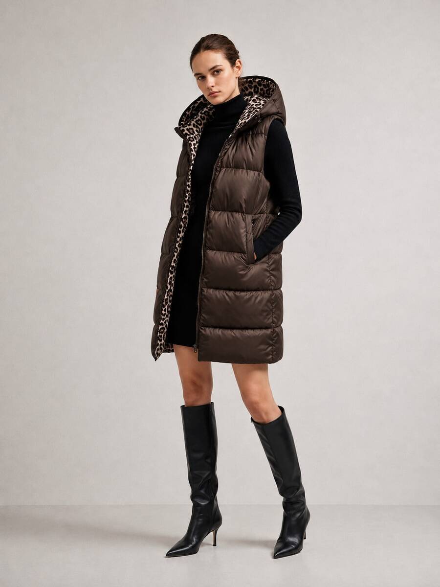 Women's Reversible 2-In-1 Vest, Detachable Hood, Two-Way Zip, Synthetic Down, Snap Pockets, Mid-Thigh, Spring Autumn - Chocolate Brown - View 1