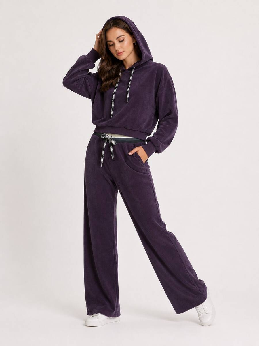 Women's Ribbed Tracksuit Set, Hooded Pullover, Cuffed Sweatshirt, Straight-Leg Trousers With Belt, Pockets, Spring Autumn Casual - Purple - View 1