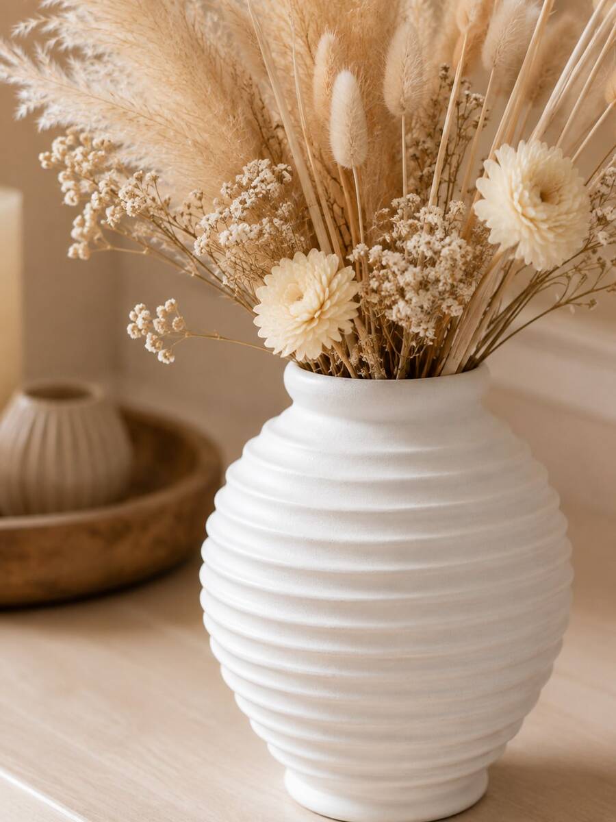 1pc White Ribbed Flower Vase, Modern Minimalist Decorative Vase For Home Decor, Nordic Style Table Centerpiece For Living Room Bedroom Shelf Entryway Wedding Decor - A - View 1