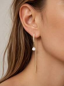 GLIMMER GI 1 Pair Fashion S925 Sterling Silver Tassel Earrings With Synthetic Zirconia Inlay, Elegant Minimalist Niche Design For Women, Hypoallergenic Pure Silver Earline For Daily Wear/Vacation/Valentine's Day/Birthday/Mother's Day Gift, Suitable For Women's Ear Piercing [Gift Box Included] - Gold - View 9