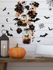 Miếng dán tường treo Halloween phong cách Gothic, họa tiết hoa tối màu, đầu lâu, hũ thủy tinh, hoa hồng, quả thông, bí ngô, dơi, nhện, tự dính, có thể tháo rời, chống nước, chất liệu PVC, dùng trang trí lối vào, phòng khách, cửa, cửa sổ, không khí tiệc tùng - Hình dán tường - Xem 3