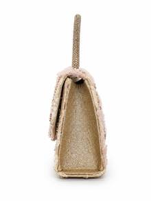 Tidet Ever Luxury Champagne Beaded Flap Bag, Pink Embroidered Floral And Pearl Decor, Shiny Handle Gold Chain Wedding Evening Clutch - Champagne - View 8
