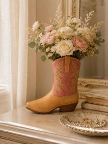 1pc Cowboy Boot Vase, Western Cowgirl Boot Flower Holder, Vintage Rustic Farmhouse Decorative Vase, Country Home Tabletop Centerpiece, Bedroom Living Room Shelf Decor Gift - Double-layer Shoe Vase - View 6