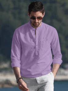 NITAGUT Men's Casual Breathable Long Sleeve Shirt, For Fall - Violet Purple - View 4