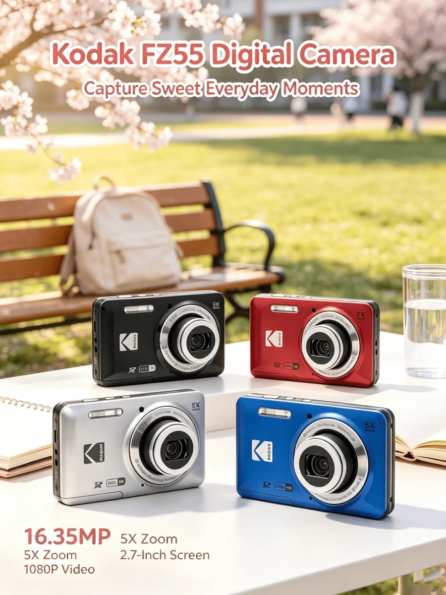 Kodak FZ55 Multi-Function Camera: 1080P HD, 16.35 Million Pixels, 5x Optical Zoom, 28mm Wide-Angle Lens, 2.7-Inch Screen, 14 Scene Modes, Compact Body - View 1
