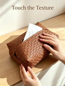 1pc Woven PU Leather Tissue Box Cover, Vintage Rattan Texture Rectangular Tissue Storage Box, Suitable For Coffee Table, Restaurant, Bathroom, Car, Warm Neutral Modern Home Decor, Brown - View 7