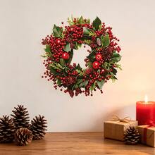 Christmas Artificial Pine & Love-In-A-Mist Wreath Wall Sticker, Self-Adhesive Home Decor For Bedroom And Entryway, Holiday Decoration Gift - Multicolor - View 6