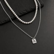 2pcs/Set New Rectangular Letter Pendant Stainless Steel Chain With Faux Pearl Beads Layered Necklace For Men - Silver - View 3