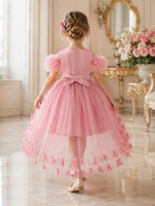 New Girls' Lace Train Princess Dress, Holiday Puff Tulle Gown, Children's Formal Dress - Pink - View 4