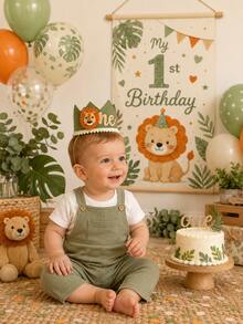 1 Set Lion Theme 1st Birthday Crown Hat And Banner Set, Sage Green Party Decoration, Suitable For Photos, Cake Table And Celebration Background - Multicolor - View 2