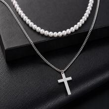 2Pcs/Set Classic Cross Golden Silvery Stainless Steel Chain Beaded Layered Necklace For Men - cross - View 3