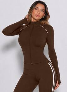 Never me Women's Slim Fit Waist-Cinched Thumbhole Long Sleeve Jacket, Stand Collar Full Zip Yoga Running Training Cardigan - Brown - View 6
