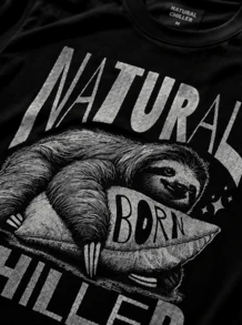 Herren Vintage Grafik-T-Shirt, Retro-Print Streetwear-Tee, Lagerbestand im örtlichen Lager, 230 g/m², 100 % Baumwolle, Sloth Natural Born Chiller, Bestseller, lustiges Geschenk, schwarzes T-Shirt B179 - Schwarz - Übersicht 8