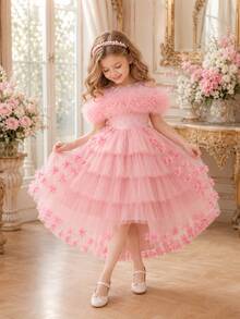New Girls' Lace Train Princess Dress, Holiday Puff Tulle Gown, Children's Formal Dress - Pink - View 1