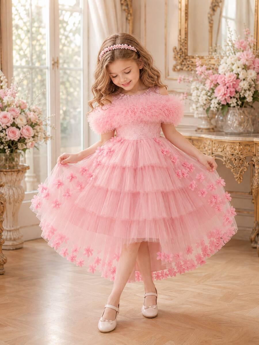 New Girls' Lace Train Princess Dress, Holiday Puff Tulle Gown, Children's Formal Dress - Pink - View 1