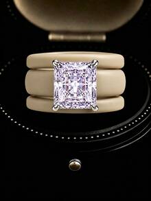 3PCS Khaki Silicone Ring Set, Purple Rectangular Zirconia Cut, Suitable For Daily Wear, Suitable For Girlfriends, Couples, Weddings, And Valentine's Day - Khaki Silicone - Purple Rectangular - View 2