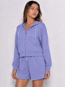 Never me Women's Sports Set Full Zip Short Hoodie & Drawstring High Waist Shorts 2 Pieces Casual Fitness Outfit - Dusty Blue - View 4