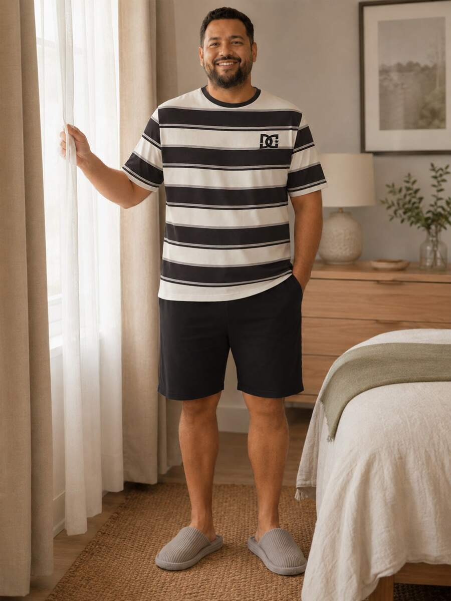 Plus Size Men's Striped Short Sleeve Loungewear Set, Letter Embroidered Top And Solid Color Shorts 2 Pieces Set, Loose Casual, Breathable Skin-Friendly, Spring/Summer Home Wear - Multicolor - View 1