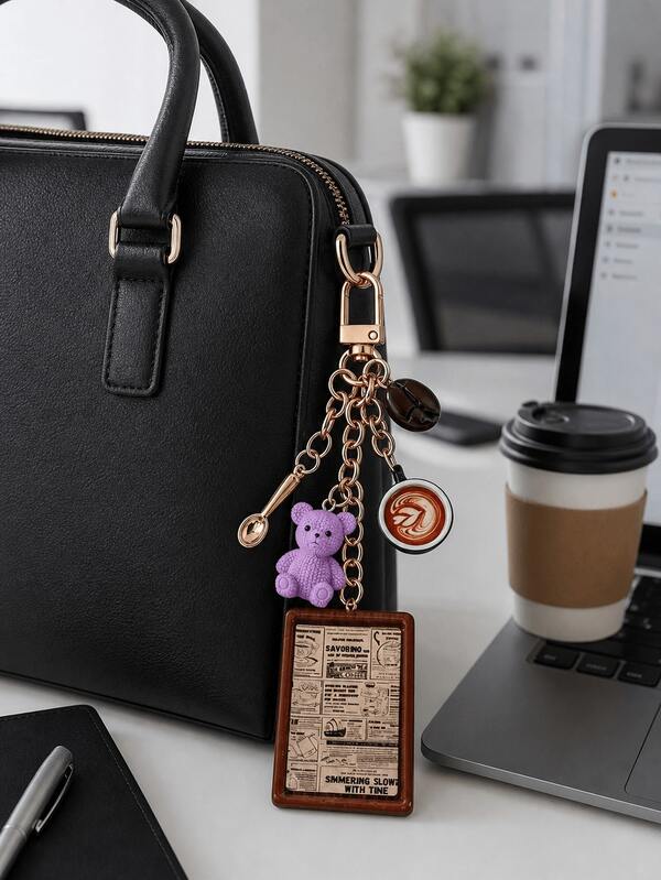 Resin Bear Coffee Themed Bag Charm Keychain, Multi-Charm With Latte Art Cup & Coffee Bean, Retro Poster Pendant, Kawaii Accessory For Coffee Lovers