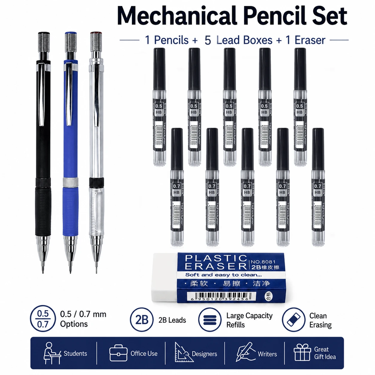 Mechanical Pencil Set, Metal Mechanical Pencil, 0.5mm/0.7mm Refillable Drafting Pencil For Students, School, Office, Writing, Drawing And Sketching