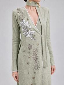 Rich Radi Q's Elegant Women's Pink Mid-Length Dress, V-Neck Design, Embroidery And Belt Details, Slim Hem, Casual Cheongsam Style - Green - View 5