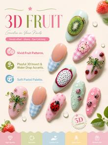 NAIO 10片杏仁形穿戴甲，清新夏季水果主題假指甲，3D奇異果草莓火龍果蜻蜓瓢蟲裝飾，亮面全覆蓋人造指甲，適合派對與日常配戴 - 彩色 - 查看 3