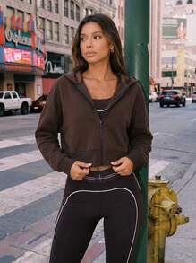 Never me Women's Sports Full Zip Hooded Short Jacket, Dropped Shoulder Loose Fit Cropped Sweatshirt For Casual Fitness - Coffee Brown - View 4