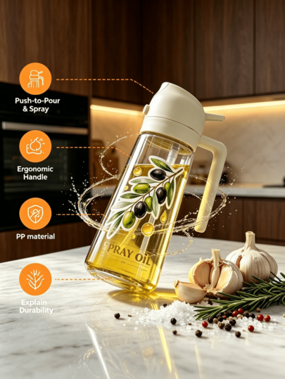 1pc Plastic Olive Oil Spray Bottle, Spray Bottle With Exquisite Pattern, Spray-Pour Dual-Use Multifunctional Oil Spray Bottle, Refillable And Can Hold Various Liquids, Lightweight For Home Use, Suitable For Kitchen Cooking, Salad Making, Outdoor BBQ, Baking, Kitchen Gadget, Cooking Utensil, BBQ Accessory--Not Dishwasher