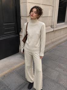 Damen Bescheidenes Outfit mit Hochhals Strickpullover und Weite Beinhose, Zweiteiler, Mittlere Dehnbarkeit für Herbst Alltagsmode - Aprikosenfarben - Übersicht 4